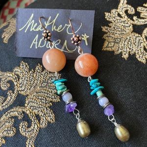 Carnelian Turquoise Amethyst Pearl Dangle Earrings